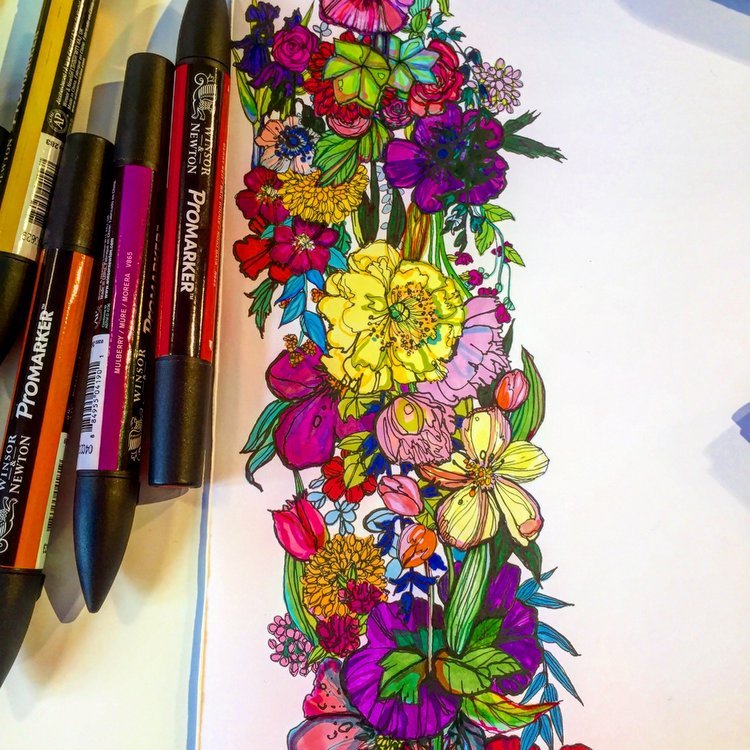 Patterned Floral illustration in pen by Marcella Wylie 