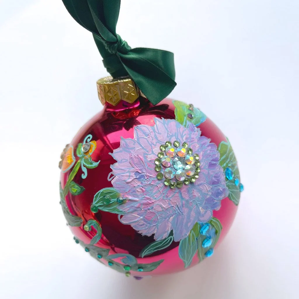 Hand Painted Floral Christmas Bauble Mirrored Raspberry Pink