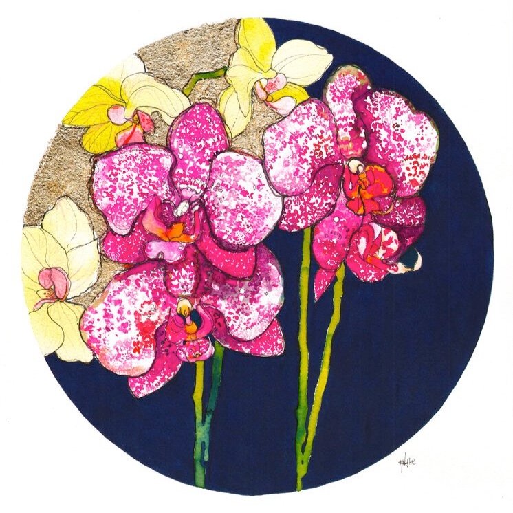 Gold Orchids Watercolour Illustration by Marcella Wylie 