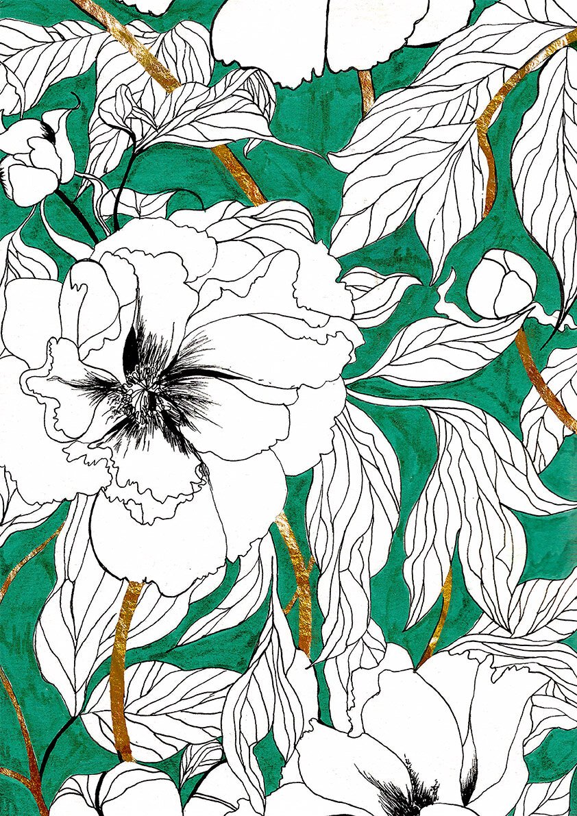 Green Peonies Illustration by Marcella Wylie 