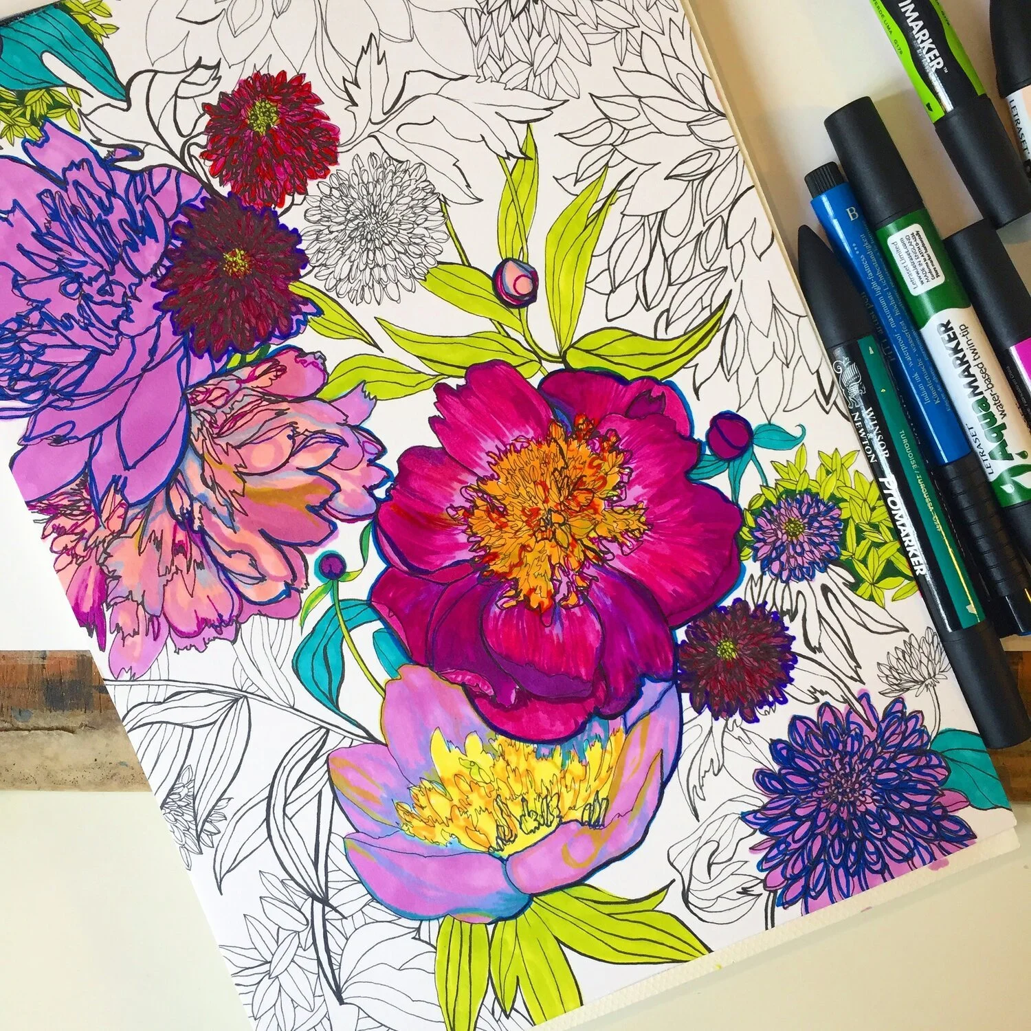 Hand Drawn Peony Illustration in Colourful Watercolour by Marcella Wylie.jpg