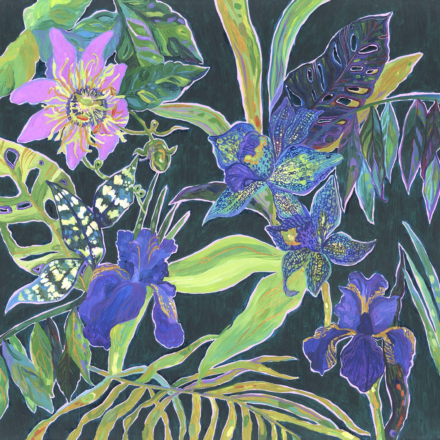 Iris and Orchids Gouache Painting by Marcella Wylie.jpg