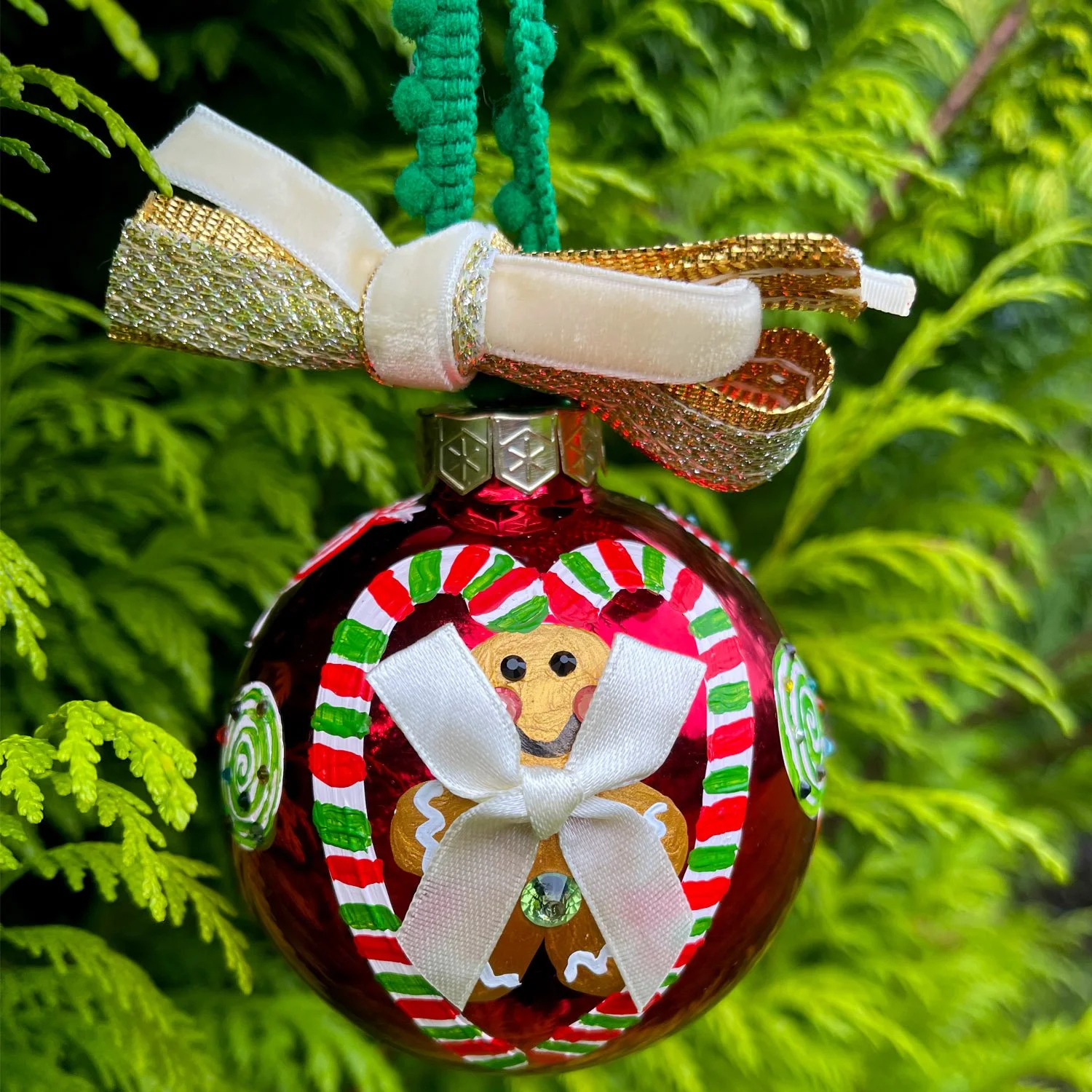Hand Painted Gingerbread Man Christmas Bauble by Marcella Wylie.jpg