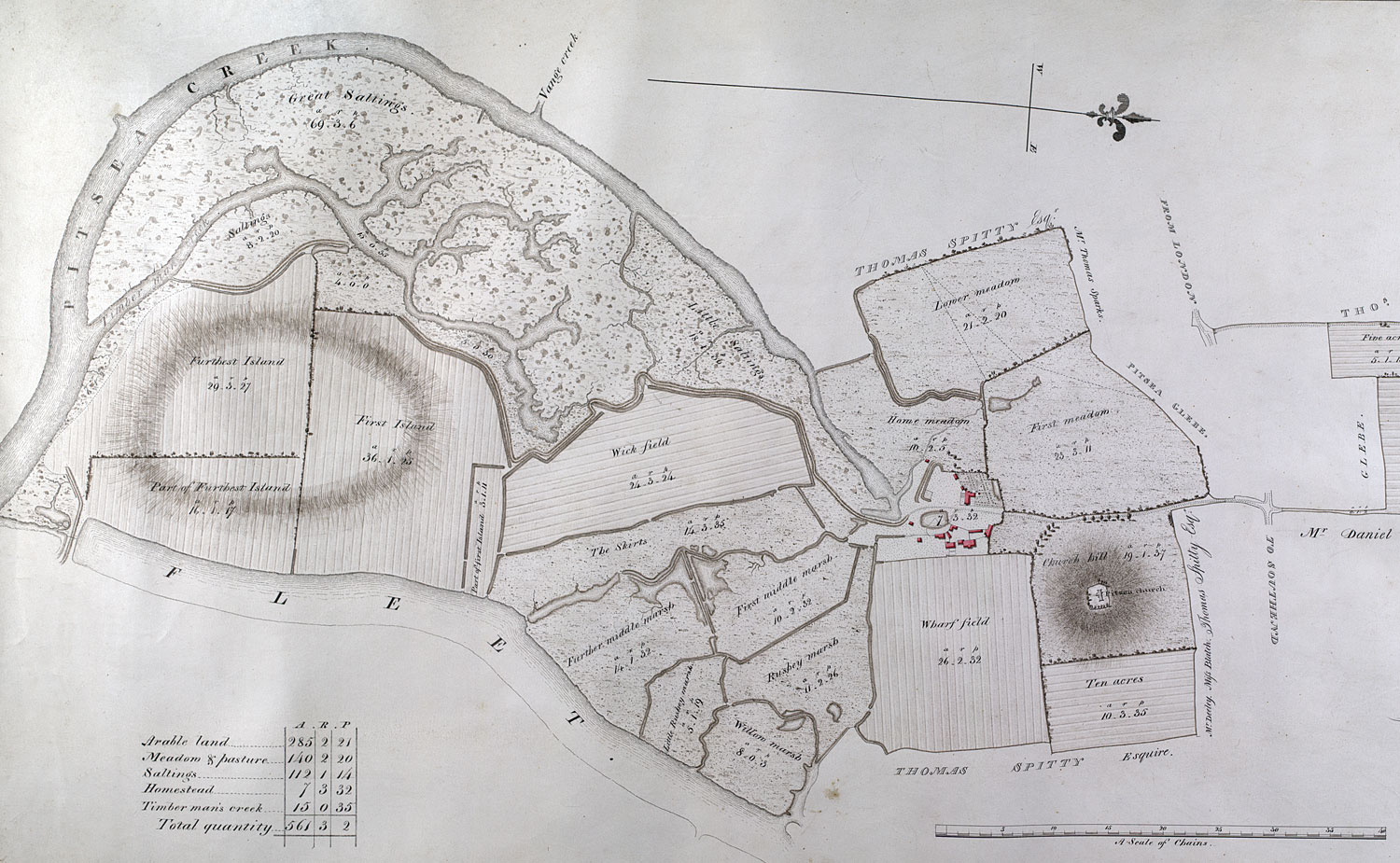 Part of the lands of Pitsea Hall Manor in 1824. Today’s park sits on the land between Timbermans Creek and Piseahall Fleet.
