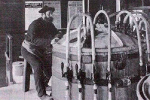 Mixing nitroglycerine for hours on end was deadly dull. A one legged stool made sure the operator didn't drop off on the job.
