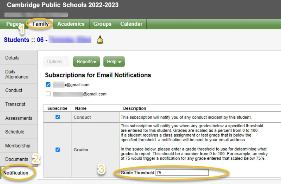 Screenshot of ASPEN settings to alert about grades