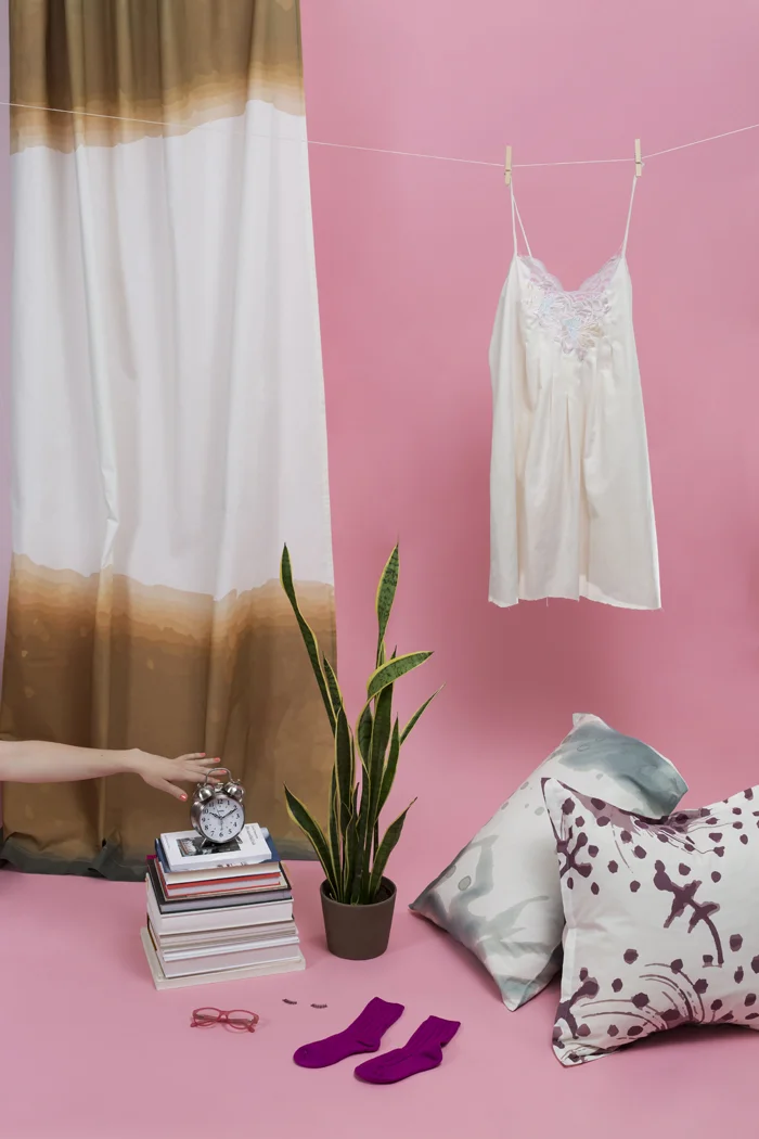 ART DIRECTION AND STYLING BY MARIAH ROMERO / PHOTOS BY JONATHAN TERCERO (NARRATIVE MEDIA)“Dragonfly” drapery panel, euro sham, and standard sham, Patricia Michaels for Aimee LaCalle.
