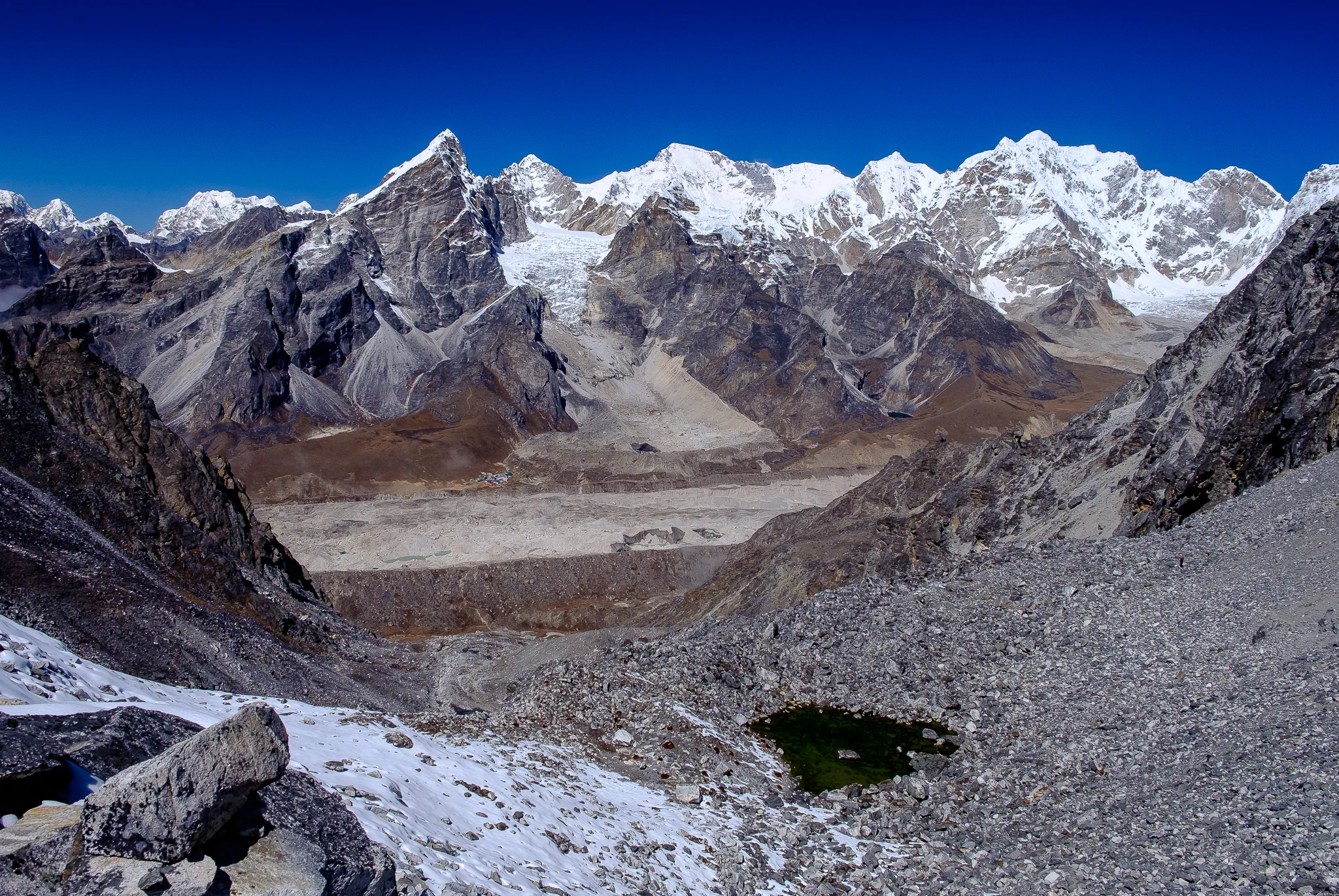 Looking back at Lobuche and the Khumbu Glacier