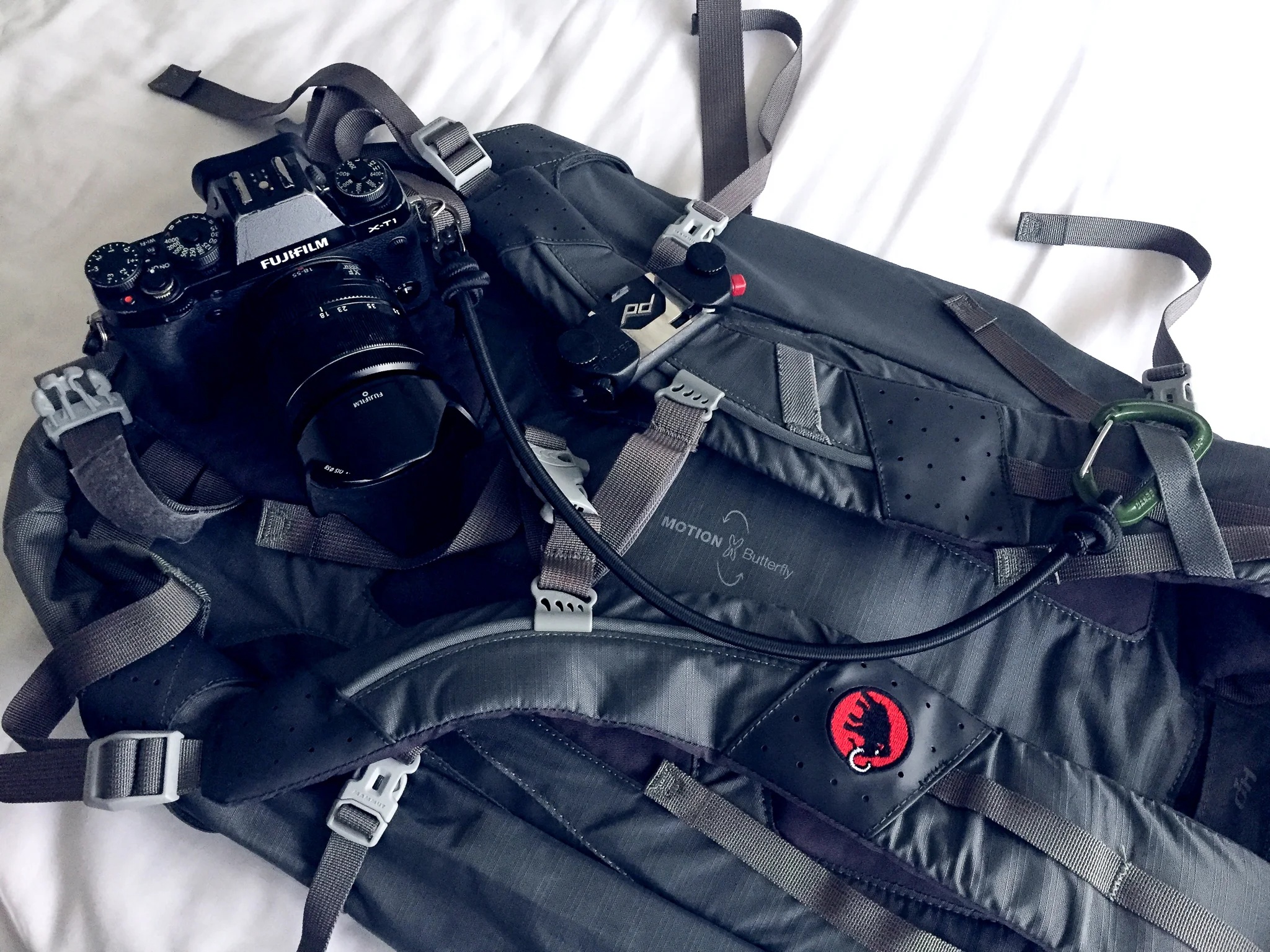 DIY camera tether used with the camera, the backpack, and the Capture camera clip