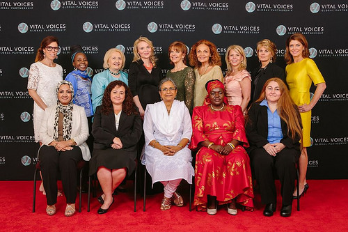 Front row from left to right: Suaad Allami, Iraq; Claudia Paz y Paz, Guatemala; Priti Patkar, India; Dr. Victoria Kisyombe, Tanzania; and Rana Zaitouneh, Syria. Back row from left to right: Laura Alonso, Kah Walla, Melanne Verveer, Alyse Nelson, Susan Ann Davis, Diane von Furstenberg, Vi Holland, Anne Finucane, and Norah O’Donnell. photo by Micky Wiswedel