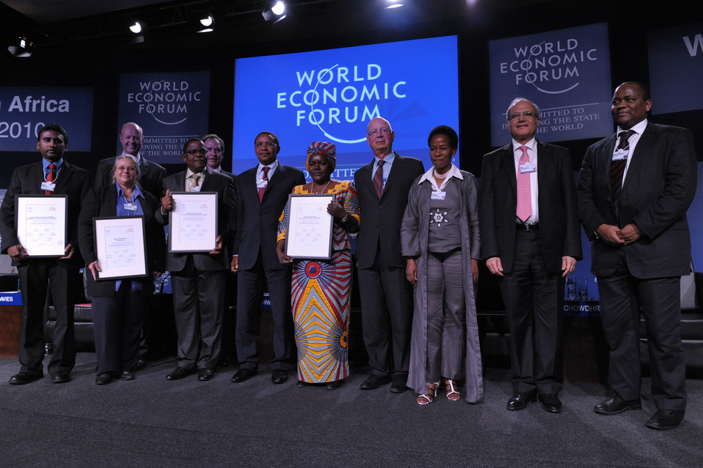 From Left to Right, First Row: Kovin Naidoo ( International Centre for Eyecare Education), Shona Mc Donald, (Shonaquip), Godwin Ehigiamusoe (Lift Above Poverty Organization), H.E. Jakaya M. Kikwete President of Tanzania, Victoria Kisyombe (Sero Lease and Finance Association (SELFINA) and Sero Businesswomen’s Association), Prof. Klaus Schwab (Founder and Executive Chairman, World Economic Forum), Anna Tibaiijuka (Undersecretary-General and Executive Director, UN-HABITAT), Ajay Chowdhry (Founder, HCL, Chairman and CEO, HCL Infosystems, India), Kuseni Douglas Dlamini (CEO Old Mutual, South Africa, Co-Chair of World Economci Forum on Africa, 2010, Young Global Leader), Second Row: Jergen Ole Haslestad (President and CEO, Yara International, Norway), Pat Davies (Chief Executive, Sasol, South Africa) at the World Economic Forum on Africa held in Dar es Salaam, Tanzania, May 5, 2010.