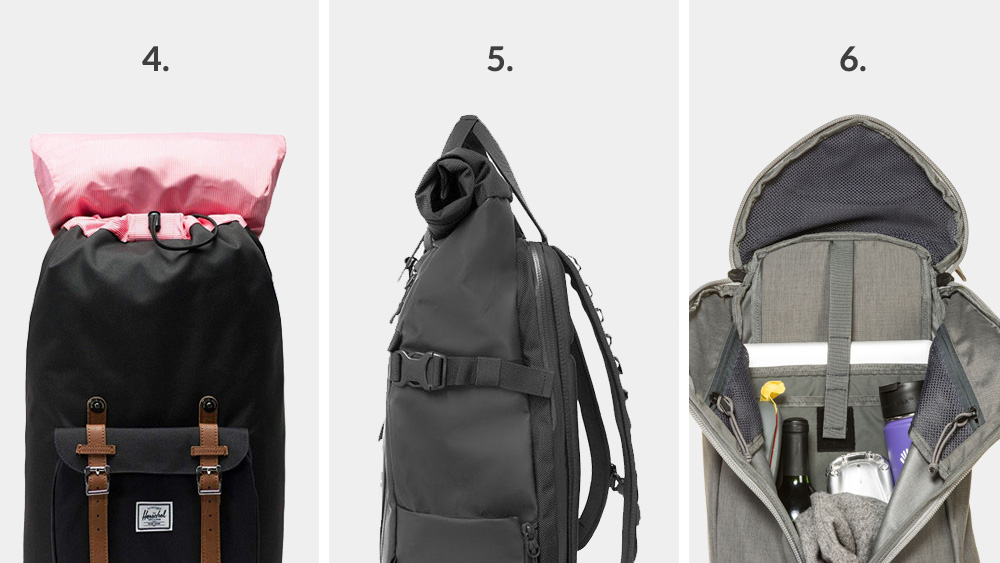 Types of backpacks - Main compartment access: Drawstring, rolltop and Y-Access