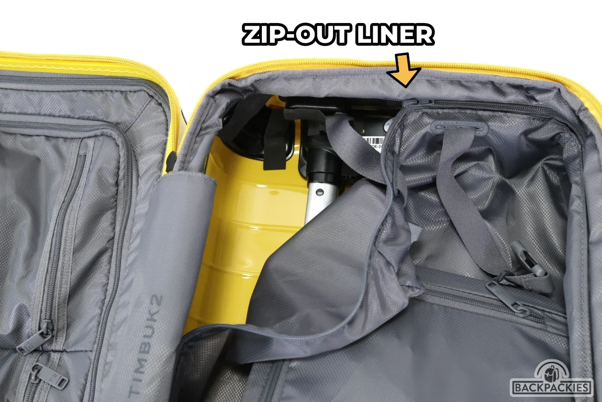 Timbuk2 FreeStyle zip-out interior liner showing removable lining with zipper access