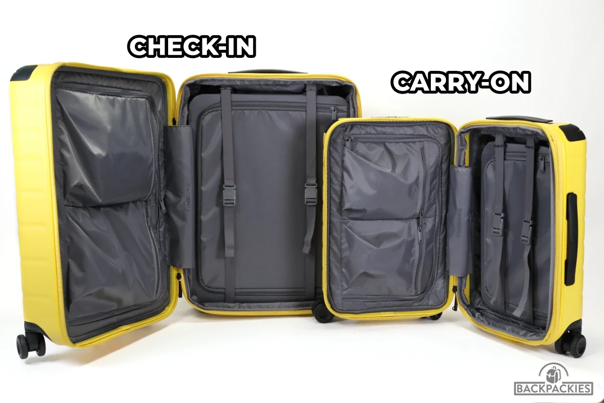 Timbuk2 FreeStyle luggage interior layout of the Carry-On and Check-In showing the same pockets and compression board