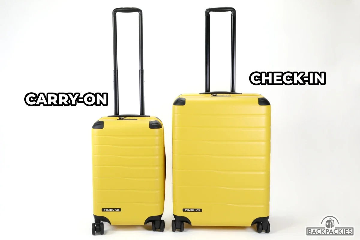 Timbuk2 FreeStyle carry-on and check-in luggage side by side in yellow