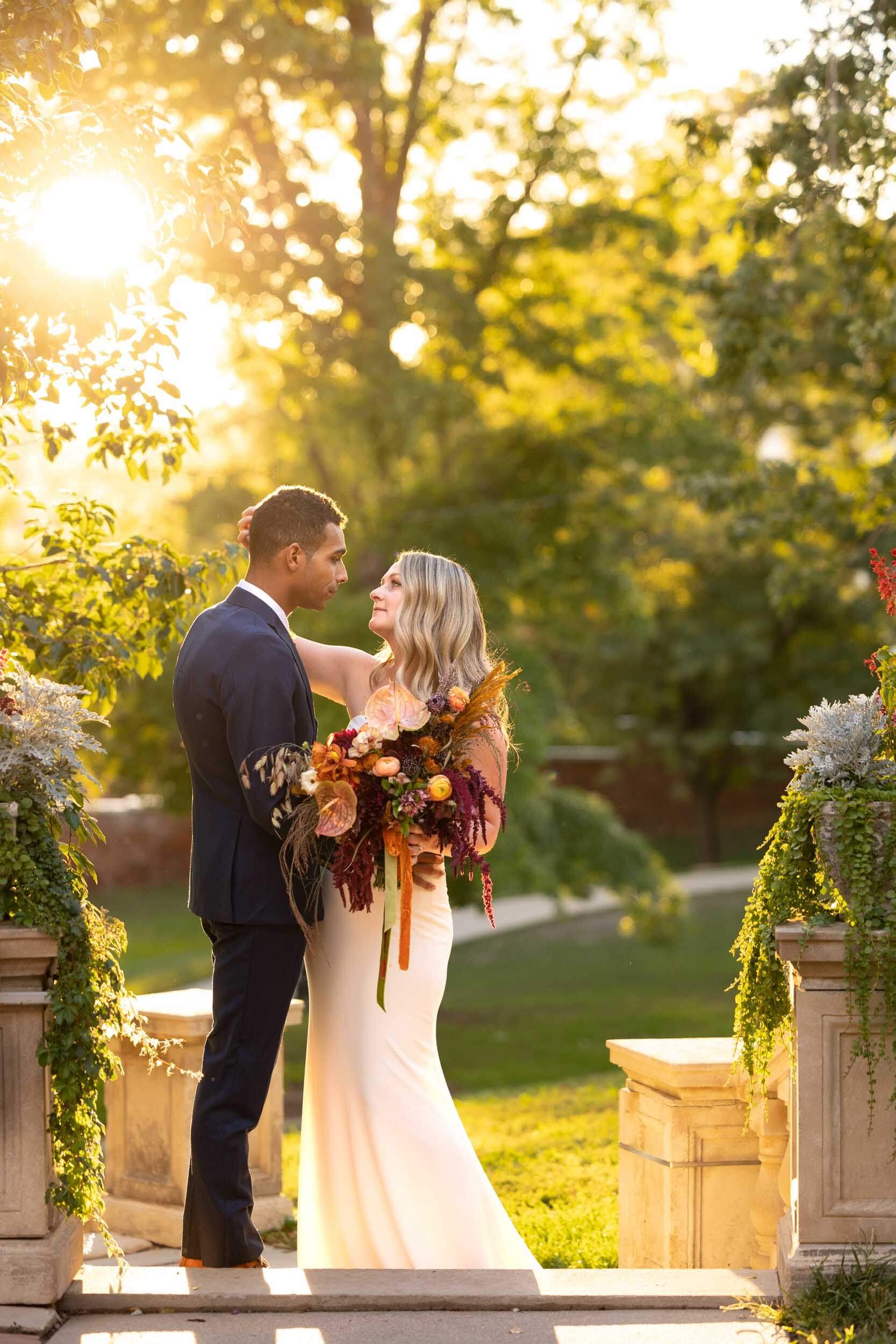 Sunset photo of bride and groom at Grant Humphreys Mansion by CliftonMarie Photography