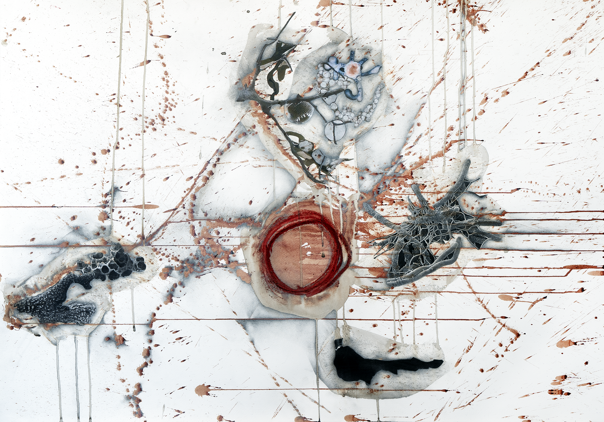   Blood 6381 , 2023, graphite, blood, India ink, printer ink and paper on paper, 34”x40” 
