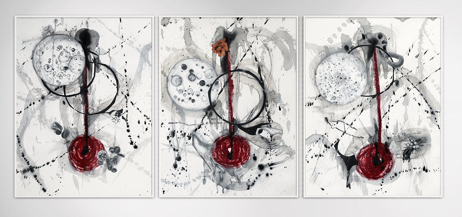   Untitled Triptych, 2023 , oil stick, graphite, India ink, printer ink and paper on paper, 34”x40” 