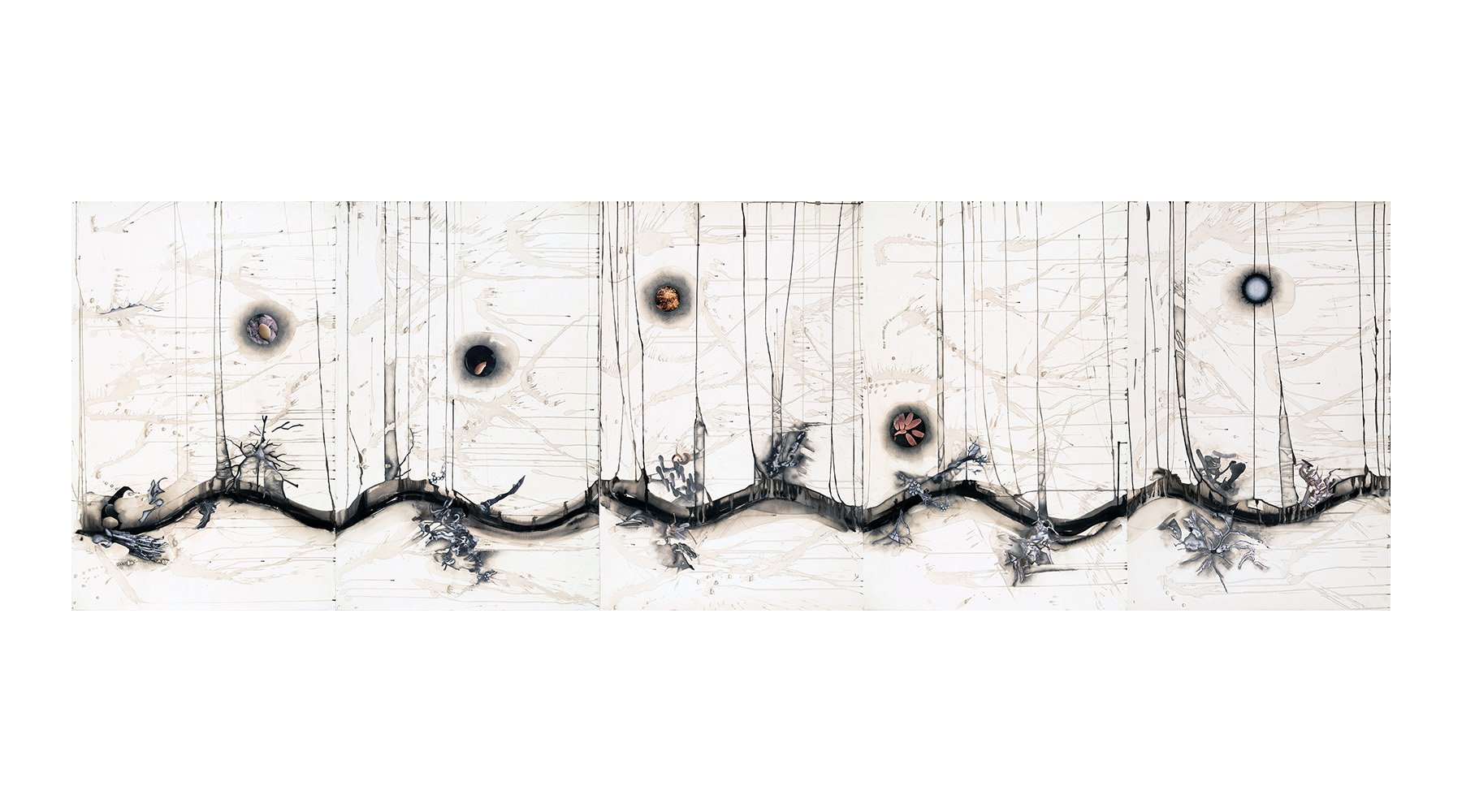   Landform Series (01-05) , 2023, graphite, India ink, printer ink and paper on paper, 40 x 130 inches 