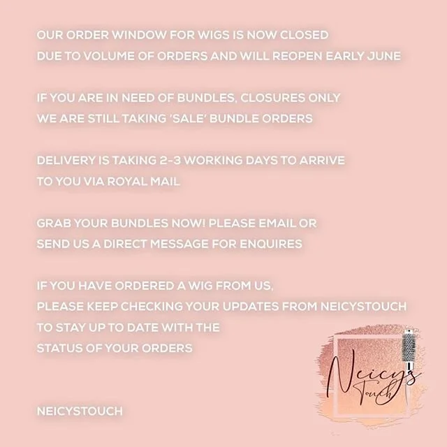 Please read, 
Our order window for wigs is closed, if you are in need of bundles or closures please feel free to email us or send us a direct message, it&rsquo;s sale stock so grab them while stocks last💗💗