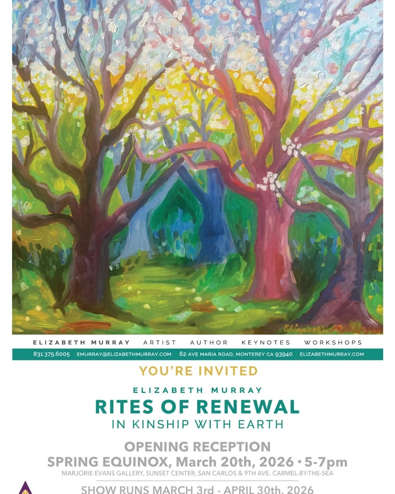 I&rsquo;m so excited about my opening at this Friday March 20 at Sunset Center! There will be a string duet, three young dancers from Carmel dance festival, refreshments on the patio and the celebration of spring, renewal, and beauty- among my large 