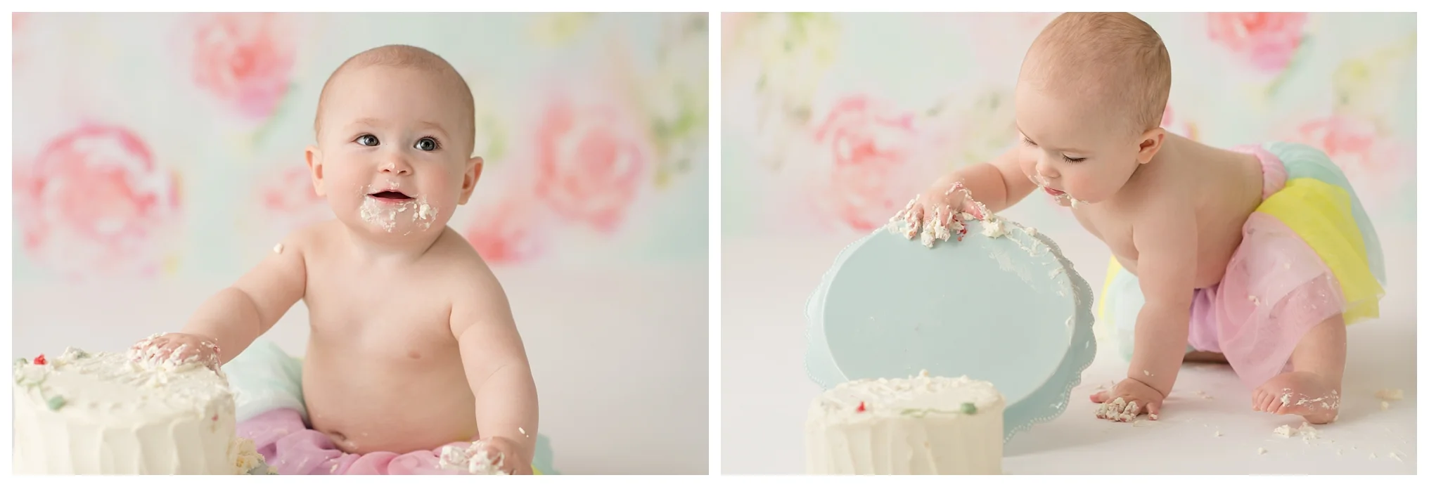 First birthday photography with Maine & NH baby photographer Sweet Light Portraits. i year old baby girl enjoys her cake smash photo session!