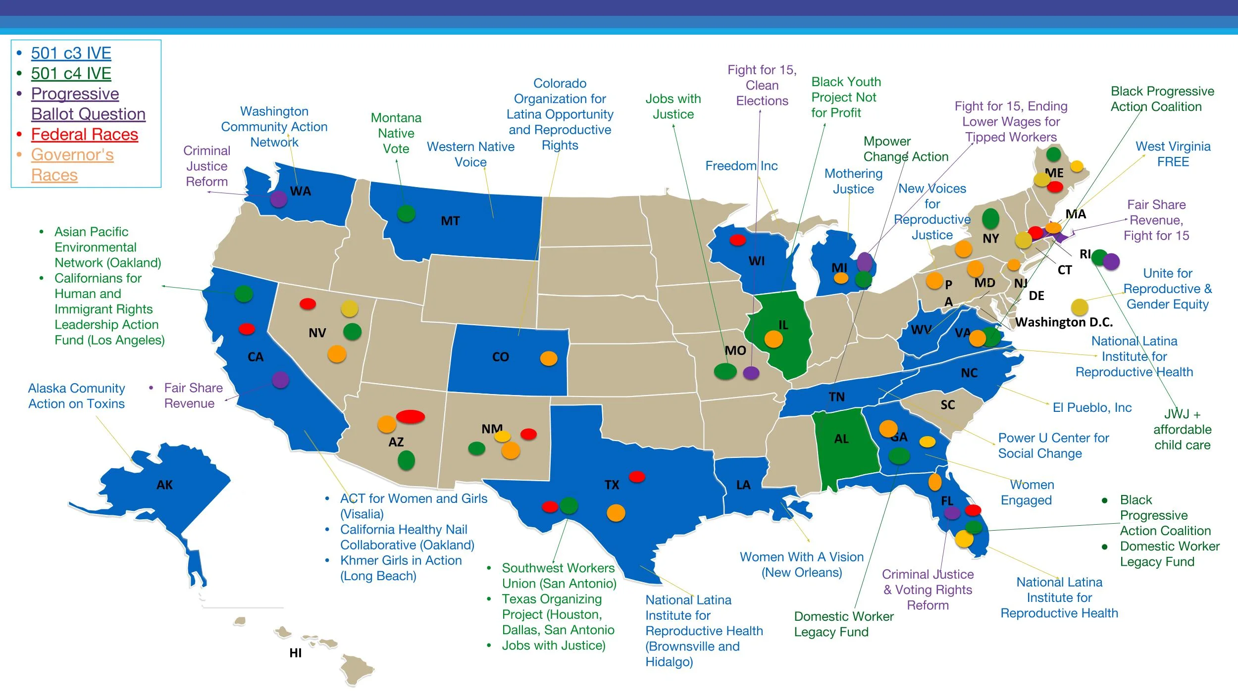 March 2018, Rivera Consulting Inc., at Groundswell Fund, talk and handout by Wilnelia Rivera lists federal (democratic primaries + red to blue) and governor’s races with women and people of color running in midterm elections.