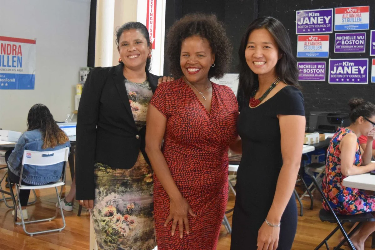 “Boston City Council candidates Alejandra St. Guillen, Kim Janey and Michelle Wu share a campaign office in Roxbury’s Dudley Square neighborhood.” - Karen Morales