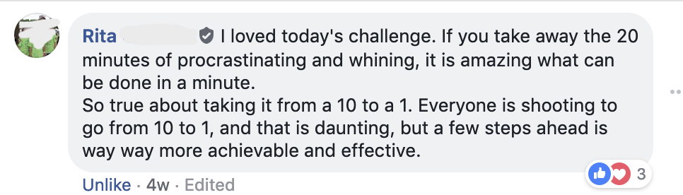 Rita - Shift Into Living Simple Challenge Facebook Testimonial