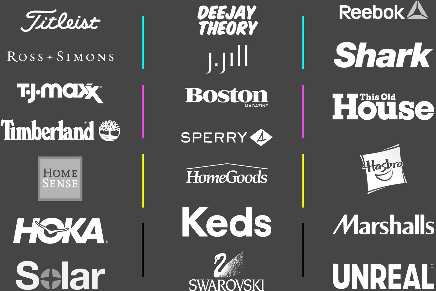 A grid of logos of various brands, including Titleist, Ross+Simmons, T.J.Maxx, Timberland, HomeSense, HOKA, Solar, DeeJay Theory, J.Jill, Boston Magazine, Sperry, HomeGoods, Keds, Swarovski, Reebok, Shark, This Old House, Hasbro, Marshalls, and Unreal. Different logos are arranged in columns with colored lines separating them.