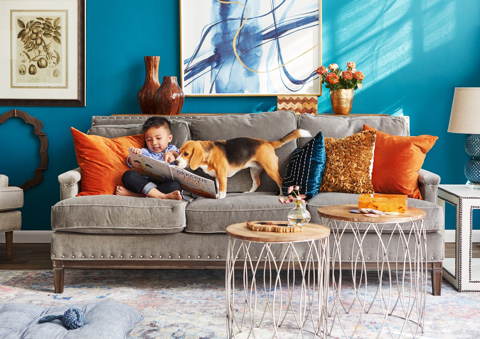Adam Krauth Photo - Commercial Photography - Boston, MA - Still life - Interior photography. A scene with a young boy sitting on a couch reading a book to a beagle dog in a modern colorful living room with blue walls. 