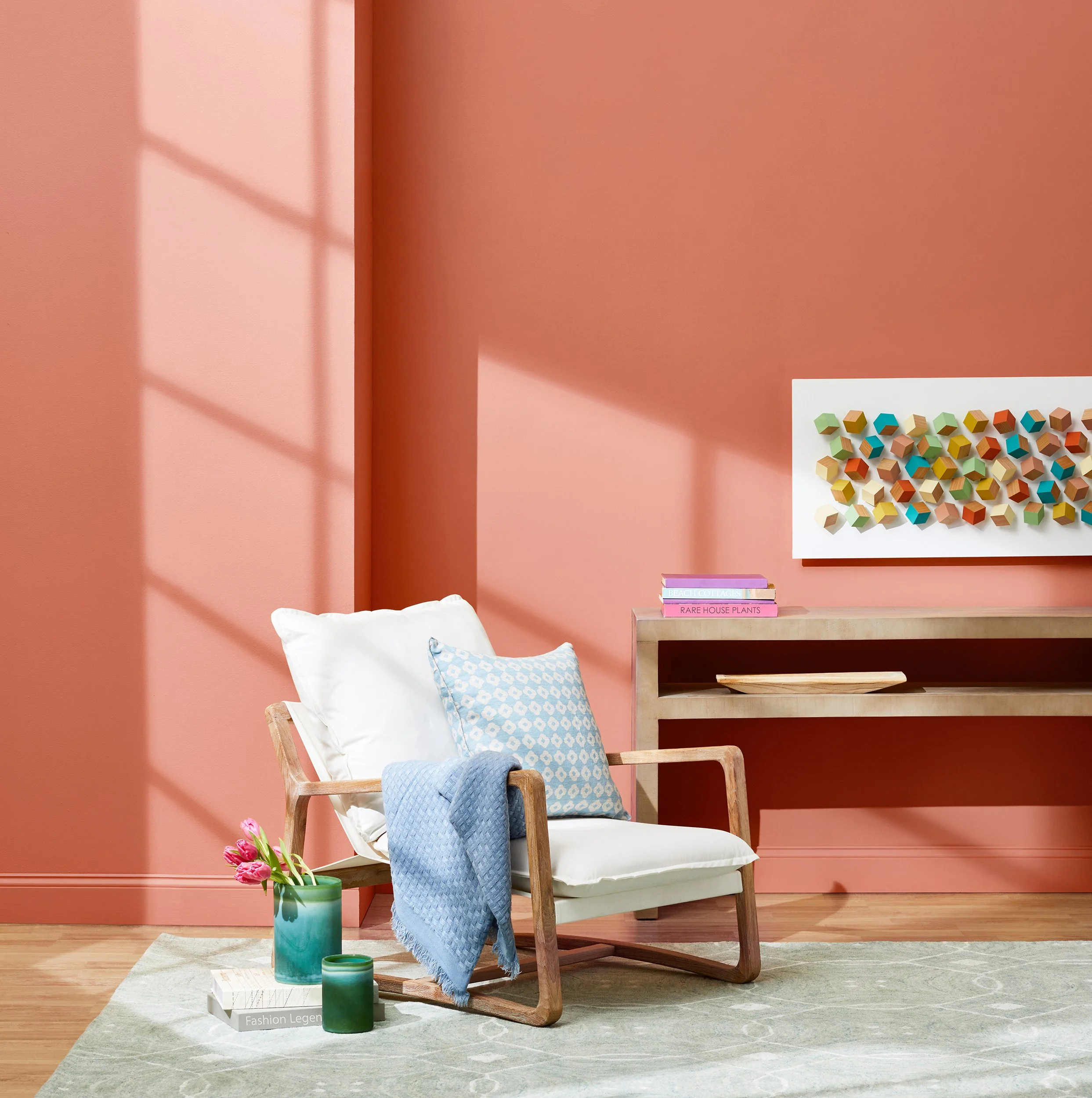 Adam Krauth Photo - Commercial Photography - Boston, MA - Still life - Interior photography. A scene of a cozy living room scene with a peach-colored wall. HomeGoods