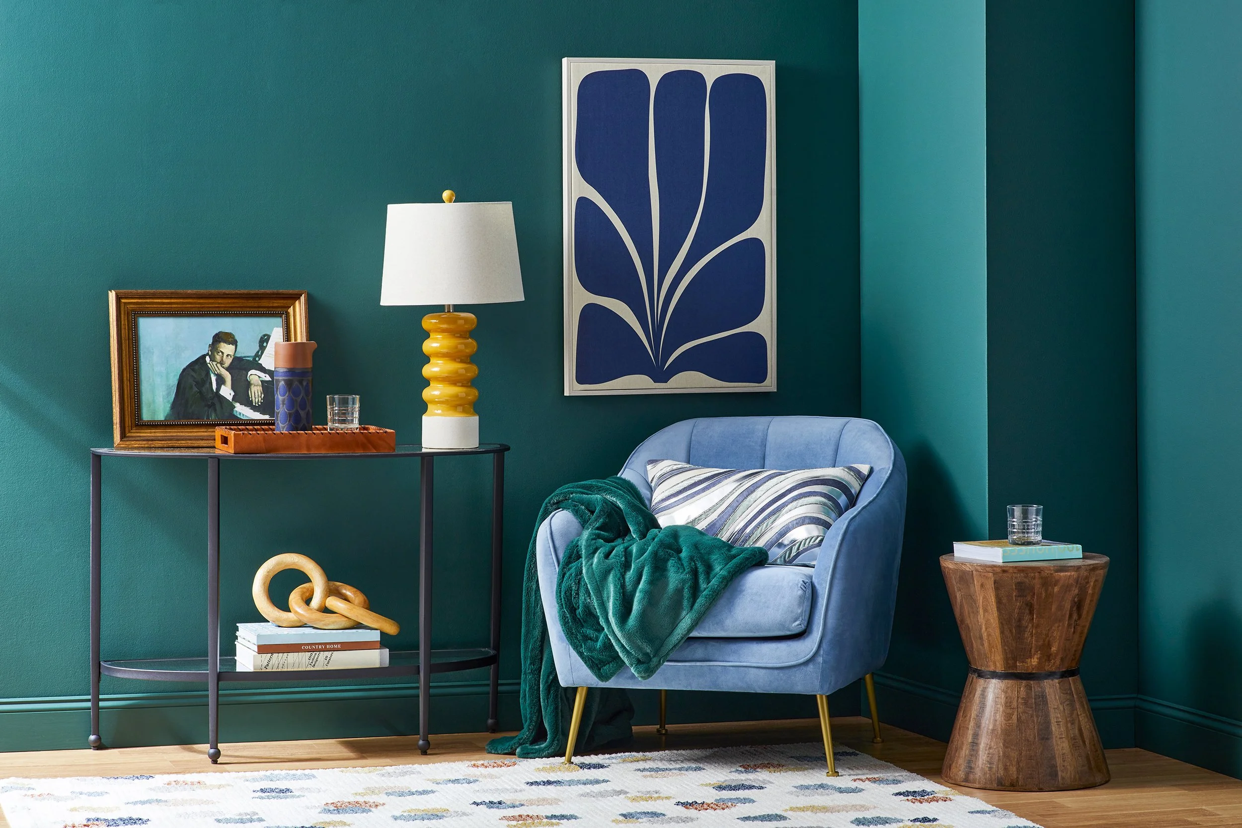 Adam Krauth Photo - Commercial Photography - Boston, MA - Still life - Interior photography. A scene with a living room with teal walls, and modern art. 