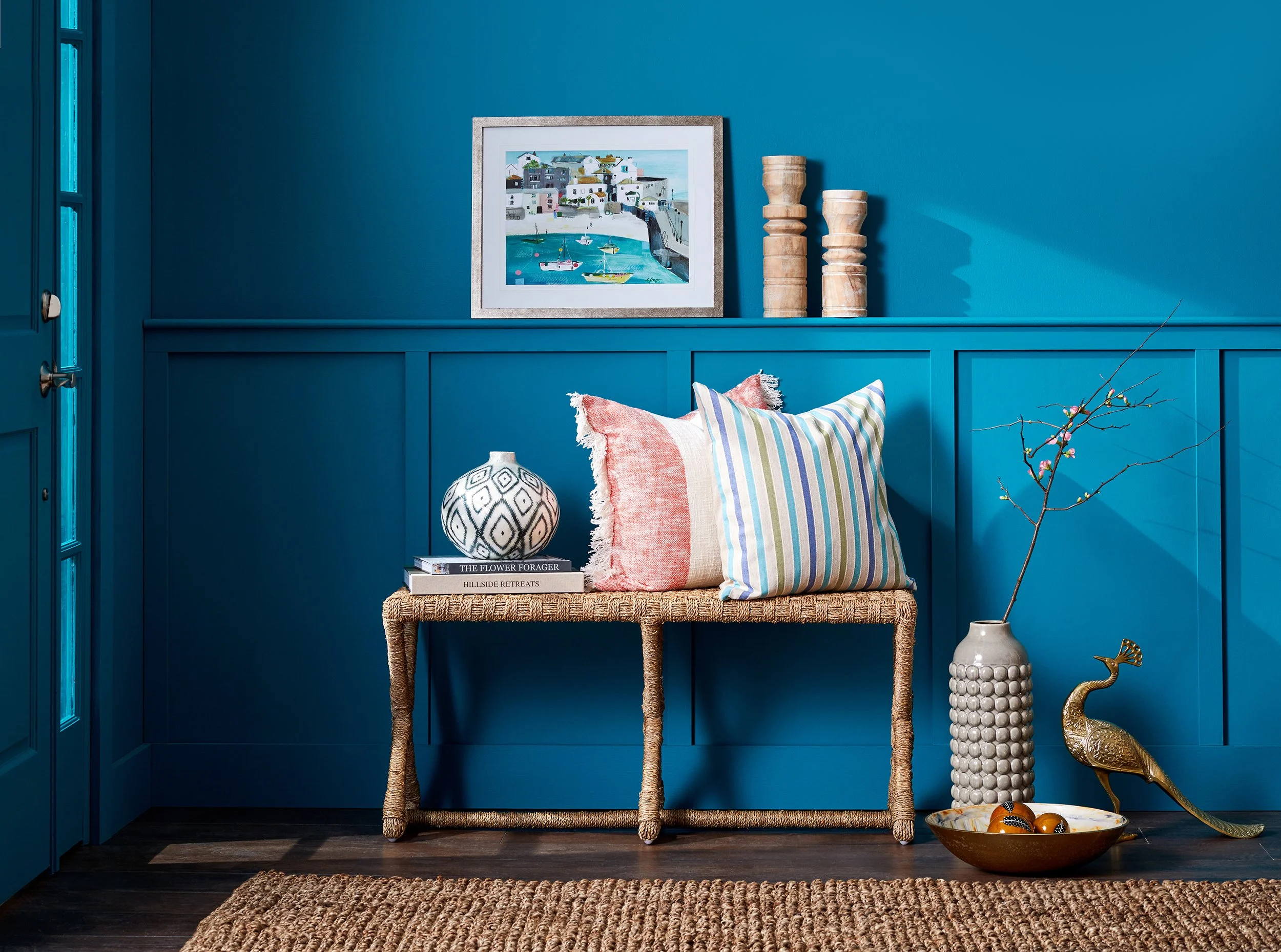 Adam Krauth Photo - Commercial Photography - Boston, MA - Still life - Interior photography. A scene of a cozy entryway space with a vibrant blue wall. 