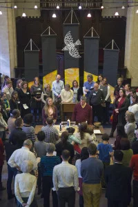 Praying around table, community, liturgical art during Epiphany at Pilgrims.