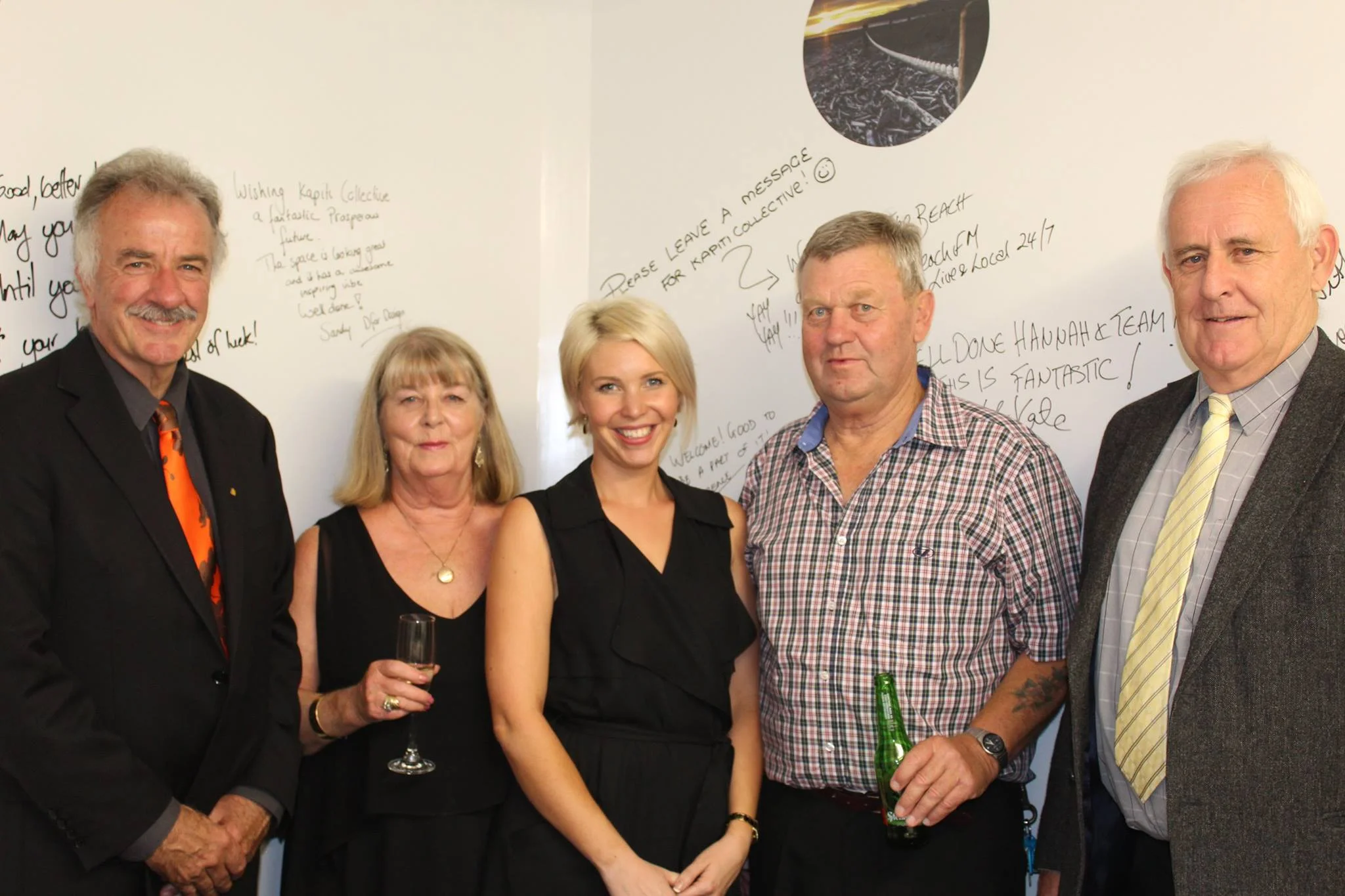 Opening night of Kapiti Collective. From left: Ross Church (Kapiti's mayor at the time), my mother Anne Delaney, me, my father, Paddy Delaney, and Dad's friend and Kapiti Collective neighbour at Quinovic Property Management, Bernard Parker.