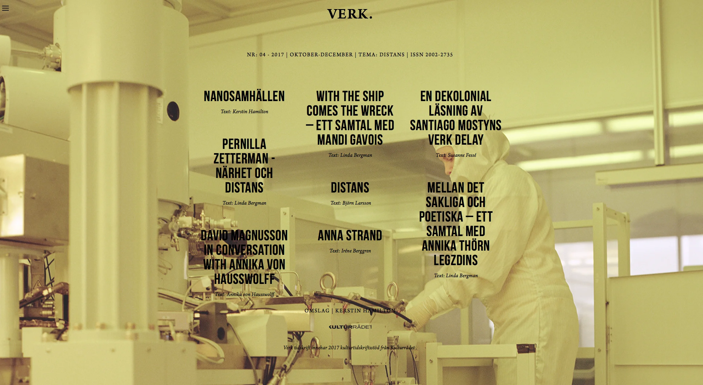 VERK tidskrift #4, 2017. Cover image: © Kerstin Hamilton.