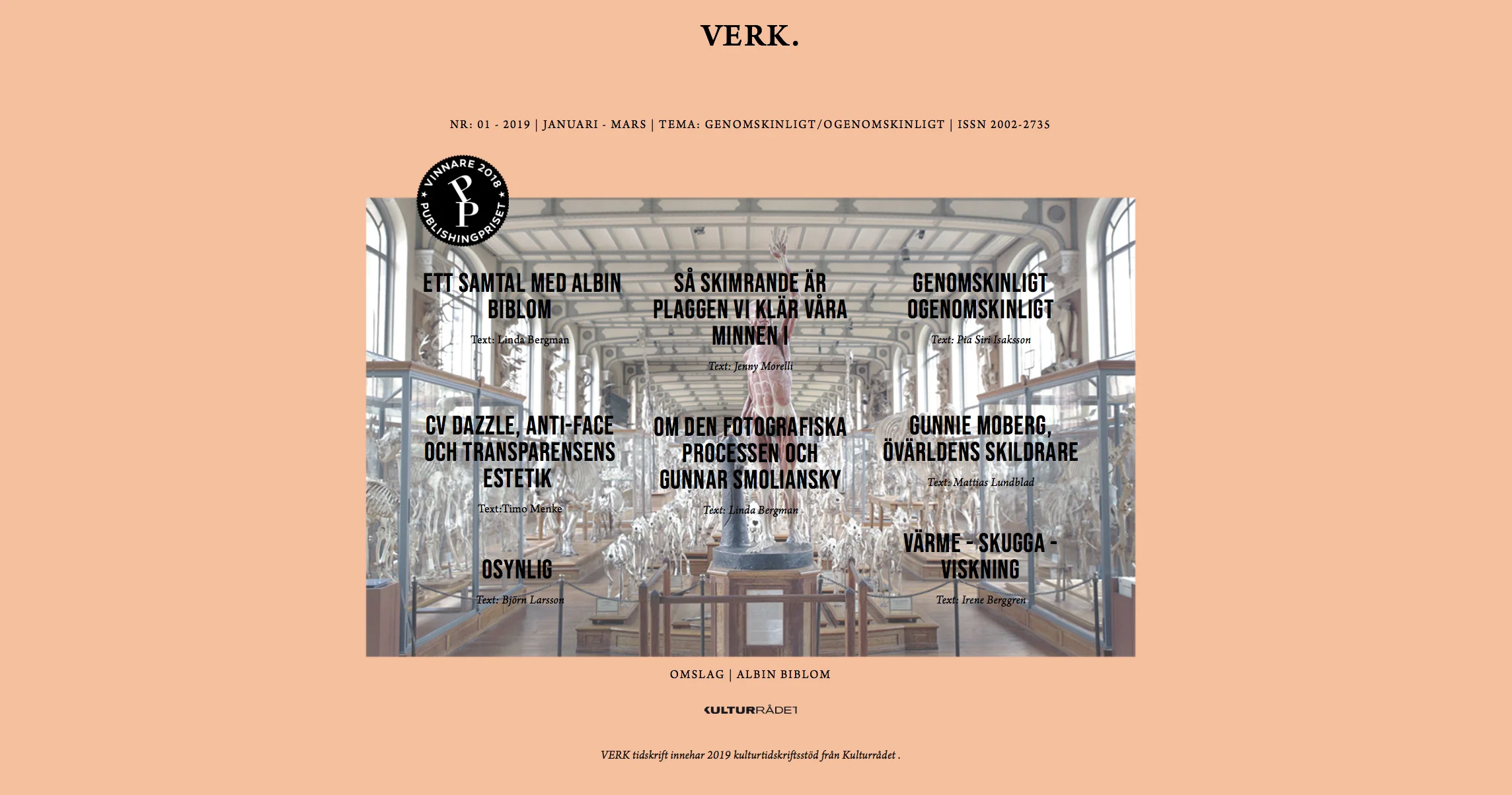 VERK tidskrift #1, 2019. Cover image: © Albin Biblom.
