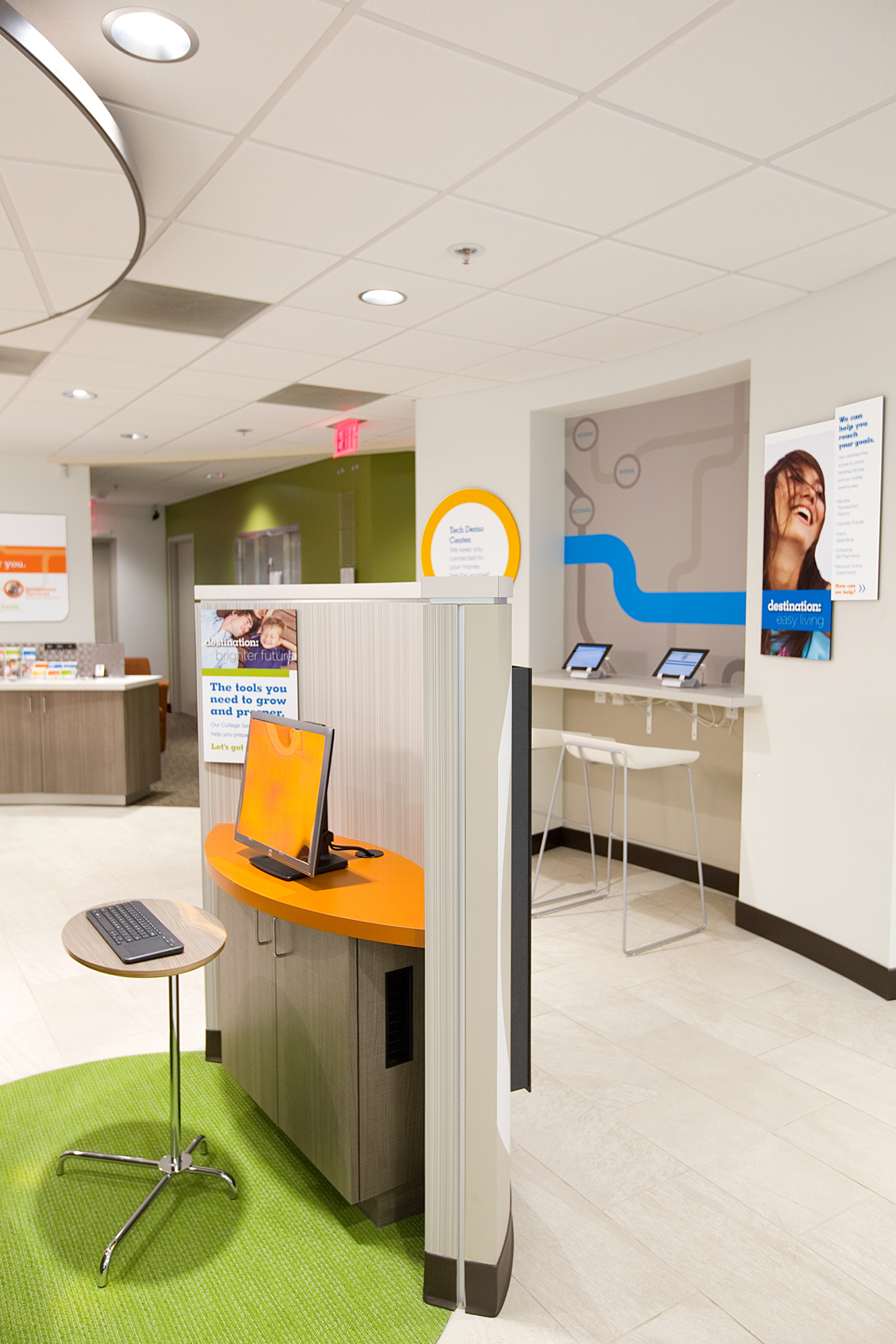 This new branch features tablet banking stations and highlights of their “buy local” business program with the roadmap symbols.
