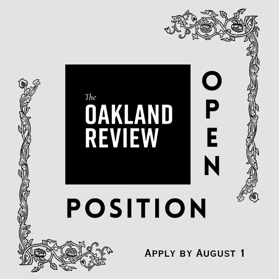 For the 2025/26 school year, the Oakland Review is hiring a designer. This position will be open to all undergraduate CMU students, and paid on a commission basis. Responsibilities will include designing social media graphics and physical posters for