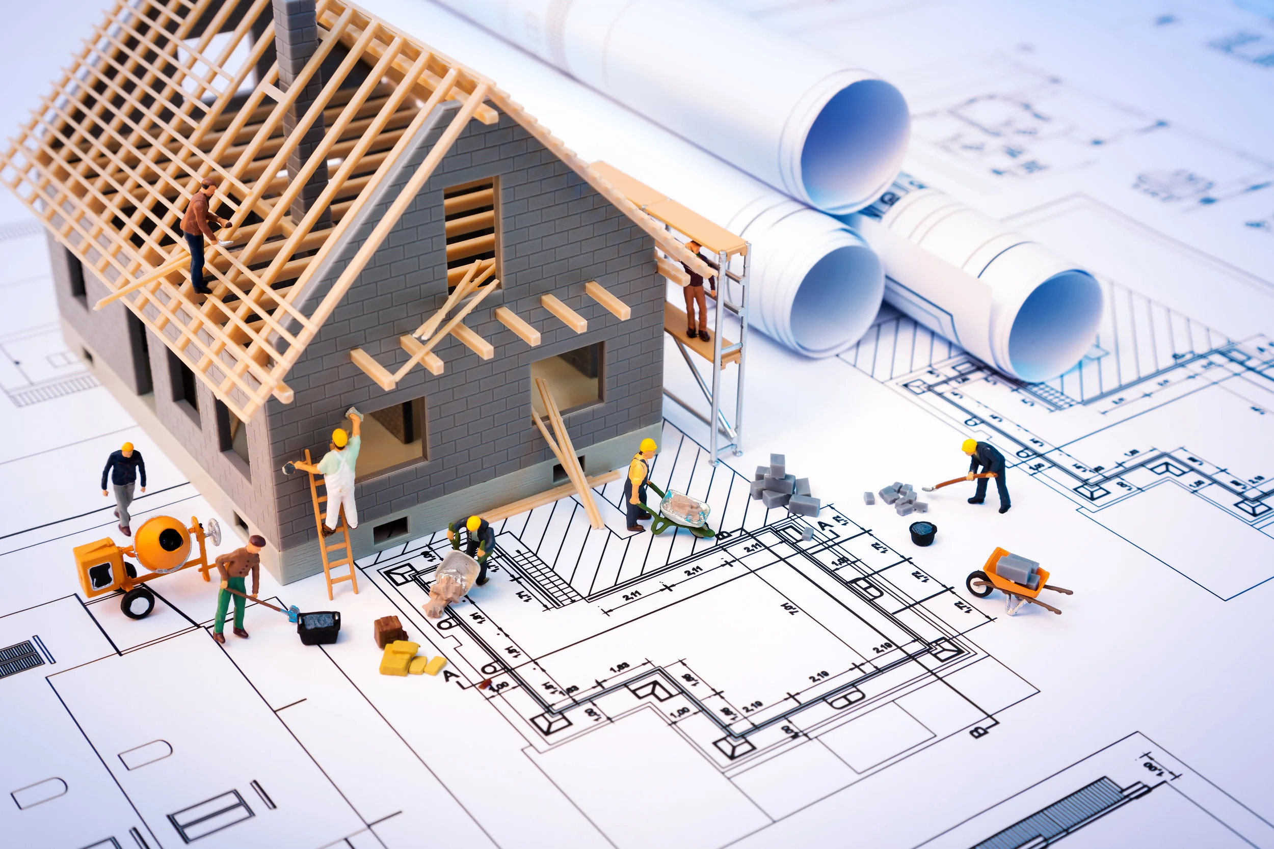 Blue prints with model built on top