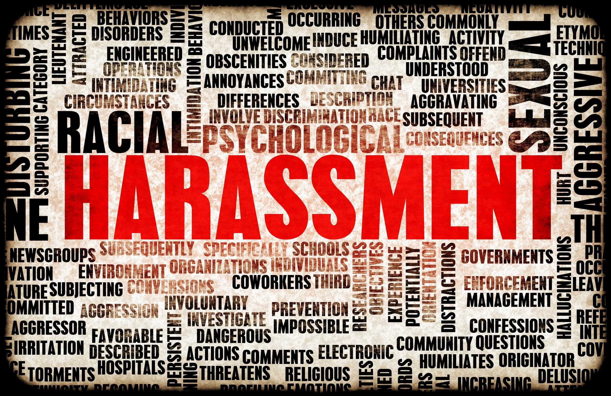 Words: “Harassment” and related words on the screen.