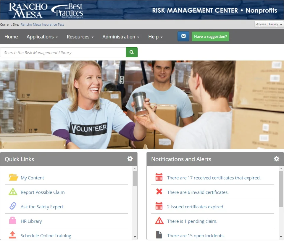 Risk Management Center for Nonprofits home page screen shot