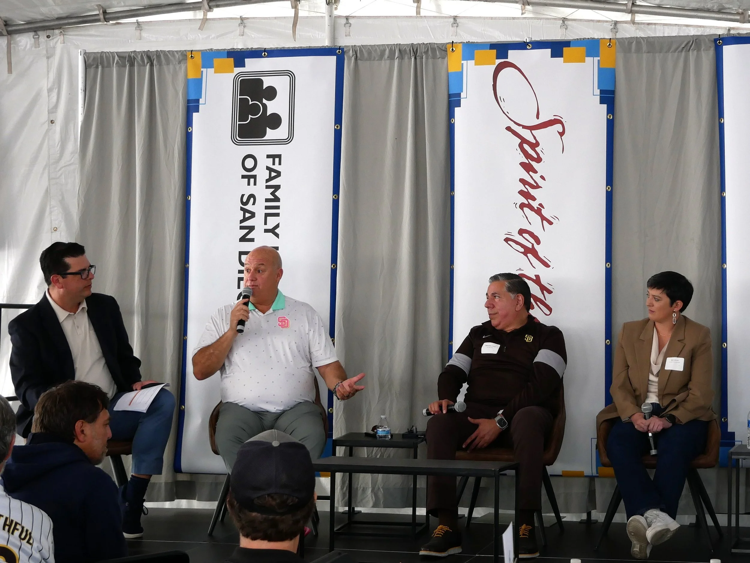  From Left: KGTV Sports Director Ben Higgins, Padres Executive Vice President of Business Affairs, Sergio Del Prado, Spanish language broadcaster, Eduardo Ortega, and San Diego Community Power Director of Public Affairs, Jen Lebron 