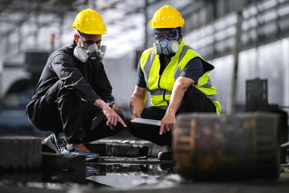 Two workers wearing gas masks near pollution.jpg