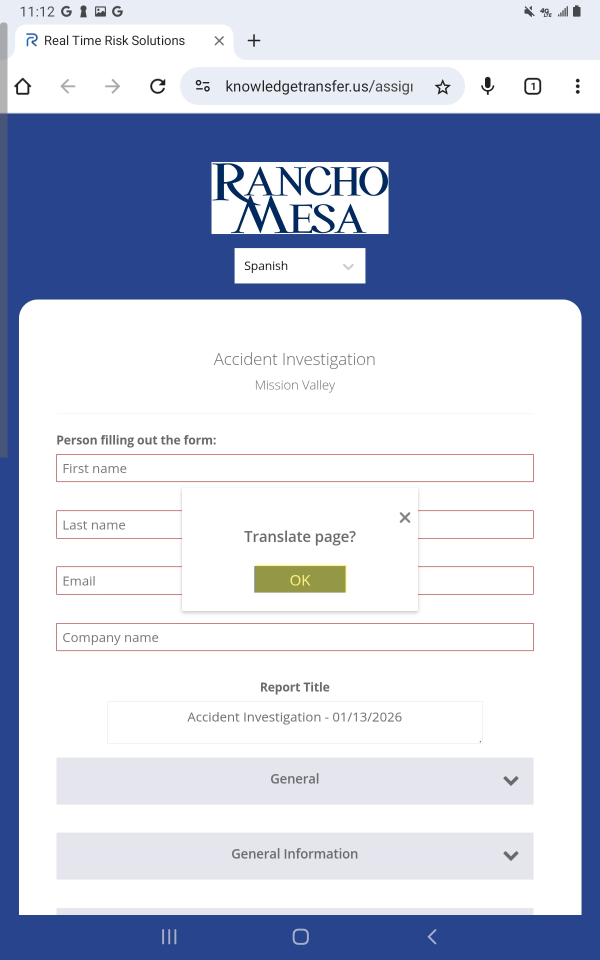SafetyOne Mobile Form open on web browser. "Translate page?" dialogue box on screen. "OK" button is highlighted.