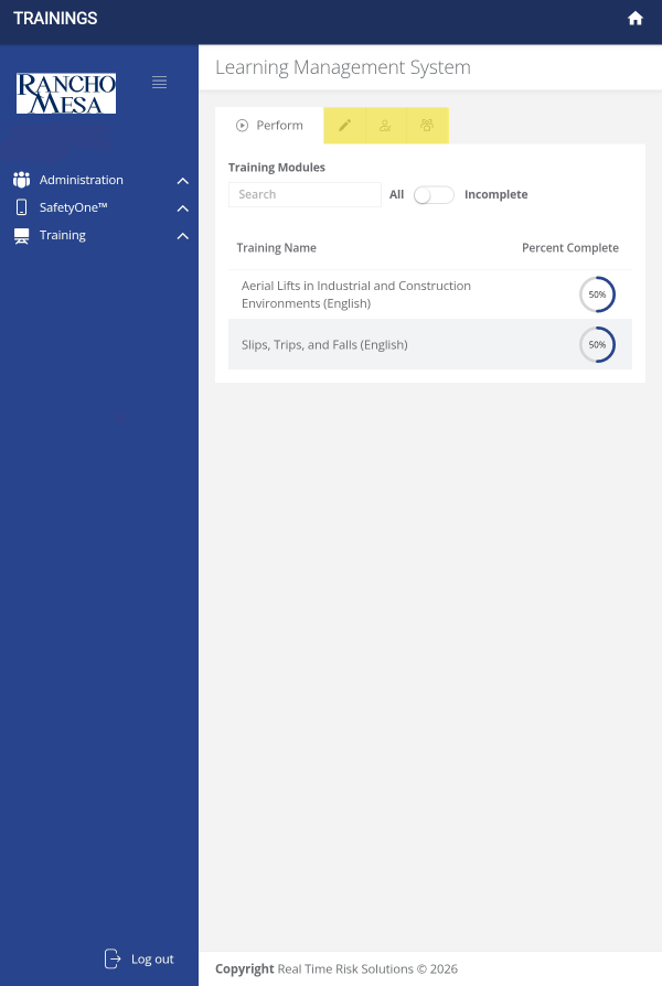 SafetyOne web application open to Learning Management System page from Administrator view. Three tabs across the top are highlighted.