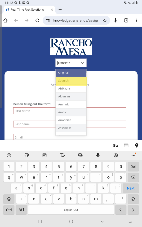SafetyOne Mobile Form open on web browser. Translate button is selected and showing drop-down list of languages. "Spanish" is highlighted.