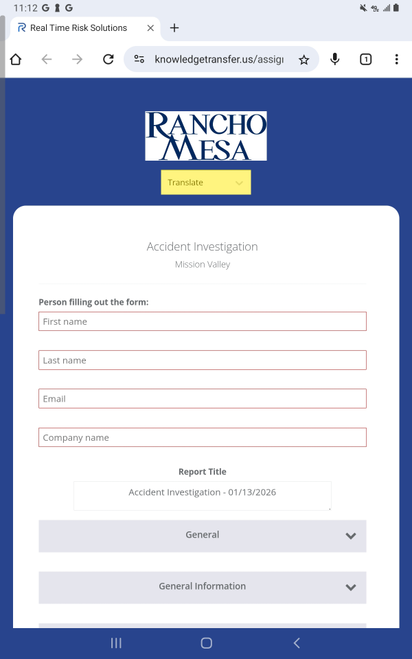 SafetyOne Accident Investigation mobile form open on web browser. Translate button is highlighted.
