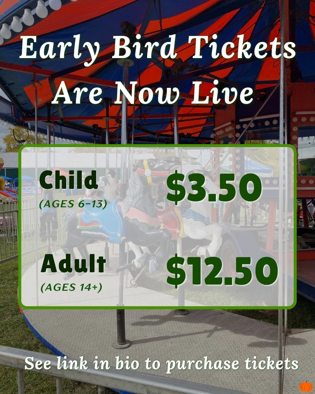 The 179th Woodbridge Fall Fair Early Bird Prices are now available!

See the link in bio for more information and to purchase🔗.

#woodbridge  #fall #fair #Thanksgiving  #ticket #ticketprices #EarlyBirdTickets  #TicketsAreLive  #openingsoon #woodbrid